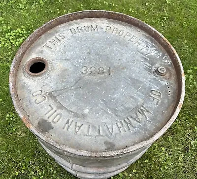 RARE Antique Manhattan Oil Co 55 Gallon Drum Can Barrel Pre 1917 Gas Tin Sign • $599.99