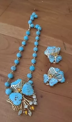 Vintage HOBE Heart Shape Murano Turquoise Glass Necklace And Earring Set 15  L10 • $249.99