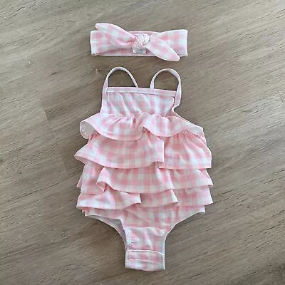 Mud Pie Baby Girl Pink Gingham Ruffle Swimsuit And Bow Set UPF 50+ Size 9-12M • $18