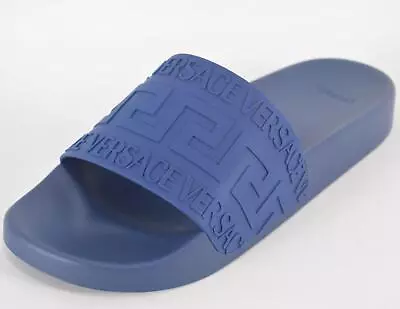 NEW Versace Men's Logo Greca Key Rubber Pool Slides Sandals Size 42 9 BLUE • $143.64