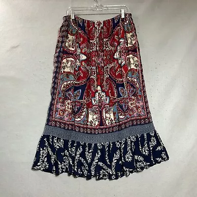 Bila Skirt Womens Small Red Geometric Pull On Maxi Gauzy Flowy Maxi Boho Coastal • $34.97
