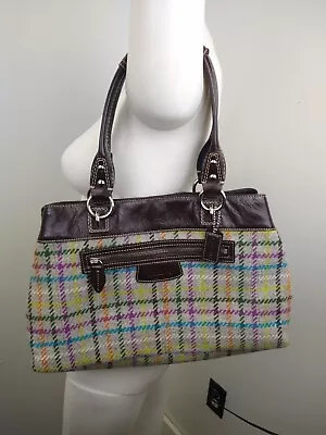 Darling Coach Plaid Wool Tweed Tote Bag W/ Brown Leather Trim Silver Tone H-Ware • $38