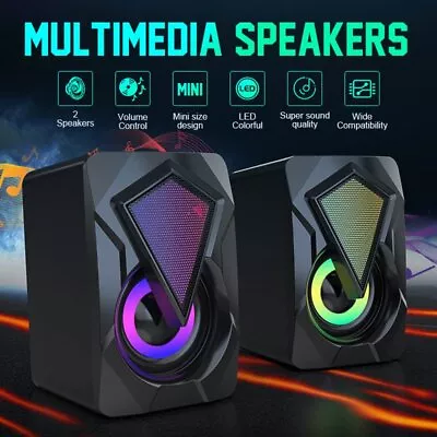 USB 3.5mm Wired Stereo Compact Mini RGB Laptop Computer Gaming Speakers Portable • £10.49