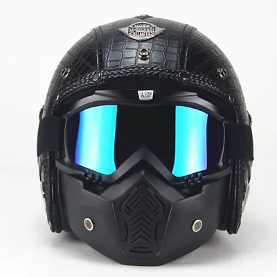 Vintage Motorcycle Helmet Open Face W/Face Mask Leather Cruiser Scooter Helmet • $89.99