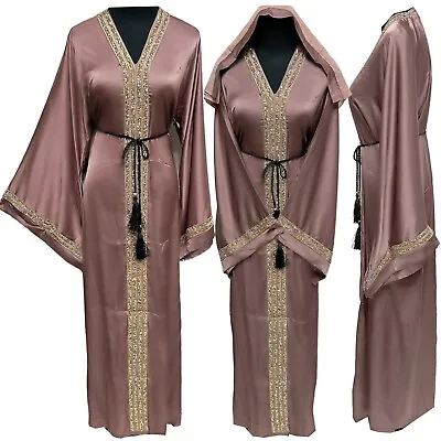 Luxury Satin Women Stone Work Abaya Jalabiya Arab Long Dress • £55.99