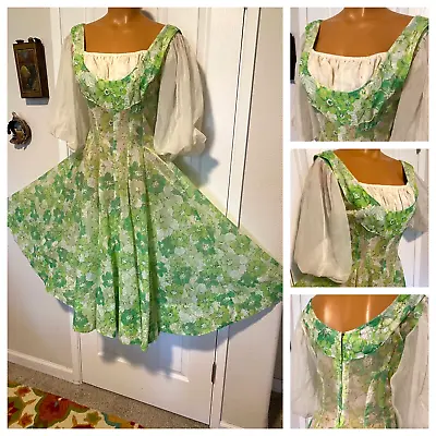 Vtg 50's Green Floral Sheer Chiffon Garden Party Dress W/ Huge Sweep Sz M • £125.46