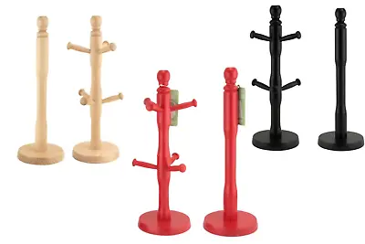 Set Of Wooden 6 Cup Mug Tree Stand Rack & Kitchen Paper Towel Roll Pole Holder • £14.97