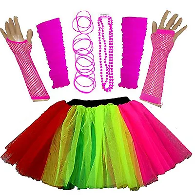 Adults Girls Neon Uv Tutu Gloves Leg Warmers Beads Bangles Fancy Dress Hen Party • £8.98