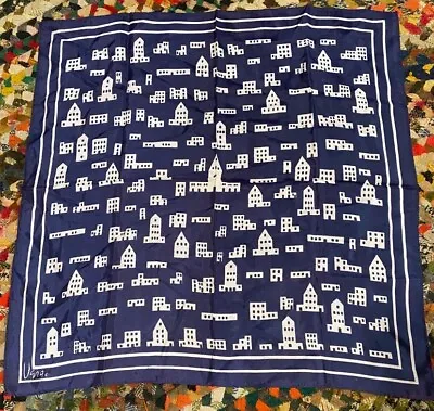 Vintage VERA NEUMANN Buldings Town Acetate Square Scarf Navy Japan • $19.99