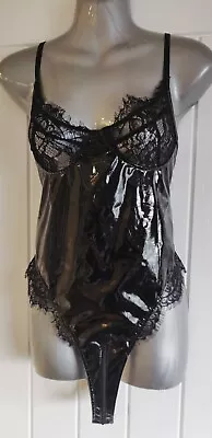 NWOT Shiny Black PVC/vinyl &lace Zipped Crotch Bodysuit (XL) IEFIEL  • £9.99