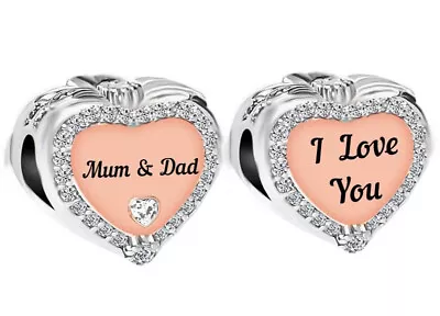 Sterling Silver 925 🌸 Mum & Dad I Love You Heart Bead Charm & Gift Pouch • £16.50