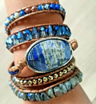 HOT Blue Lapis Lazuli Healing Stone Chakra Leather 5 Strand Wrap Bracelet E24 • $17.99