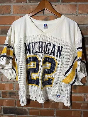 Vintage Michigan Wolverines Jersey Cropped Russell Game Jersey White Medium • $69.99
