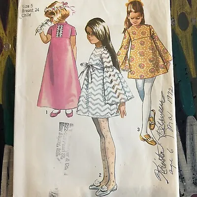 $10 • Buy Vintage 1970s Simplicity 8524 Girls Dress In Two Lengths Sewing Pattern 5 CUT