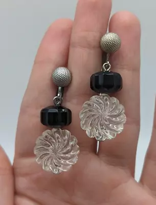 Vintage Sarah Coventry Silver Tone Dangling White Clear Black Bead Clip Earrings • $6.99