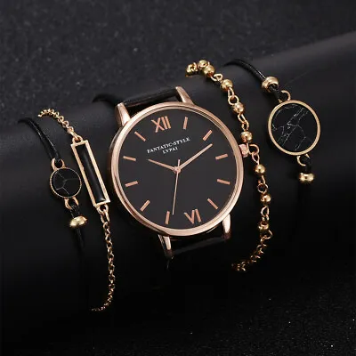 Ladies Womens Girls Watch+Bracelet 5pcs Set Leather Strap Quartz Wristwatch Gift • $7.69
