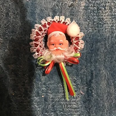 Vintage Plastic Santa Head In Beaded Wreath Christmas Ornament ~2 1/2” • $7.99