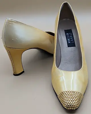 STUART WEITZMAN Gold Block 3  Heel Studded Pointed Toe Cap Shoes 10AA Made Spain • $26.98