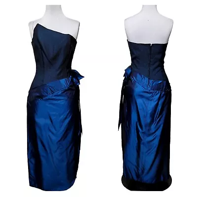 Vintage 80s Dark Blue Taffeta Pointed Asym Strapless Neckline Prom Formal Dress • $72.95