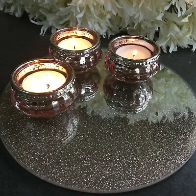 Rose Gold Sparkle Pink Mirror Plate Tealight Holder Candle Wedding Table Vintage • £7.29