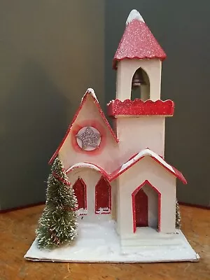 Vintage Cardboard Christmas Village  Church A Mica Glitter Unique  • $14.99