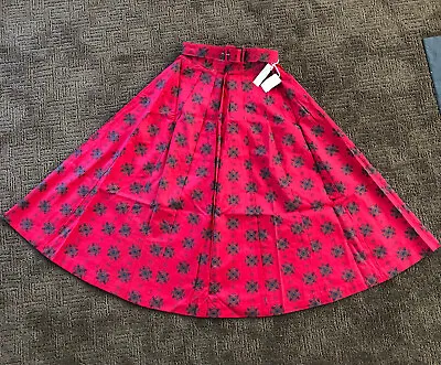 NEW True Vtg 60's Ladies Cotton Red Design Full Circle Skirt W/ Belt XS 22 • $59.99