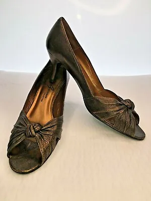 MARY G Ladies Gold Leather Twist Knot Peep Toe Kitten Heel Shoes Evening UK 5.5 • £49.99