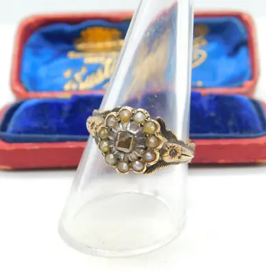 £298 • Buy Georgian 18ct Gold, Pearl & Old Mine Cut Diamond Mourning Ring Black Enamel