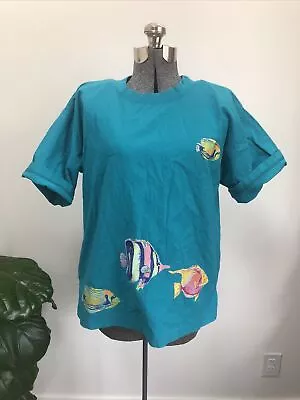 Vintage 80s 90s Fish T-shirt Medium Sport Teal USA • $15