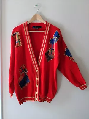 Red Varsity Cardigan Sweater Abstract Patchwork New Wave Vintage IB Diffusion • $15.99