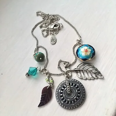 Accessorize Silver Multi Charm Necklace Pendant Chain Leaf Flower Green Blue • £2.50
