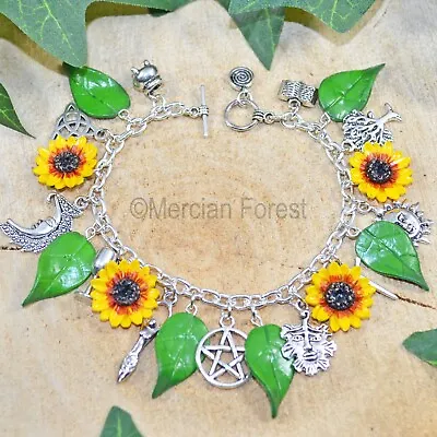 Wiccan Charm Bracelet Sunflowers Pagan Jewellery Witch Summer Autumn LItha Mabon • £19