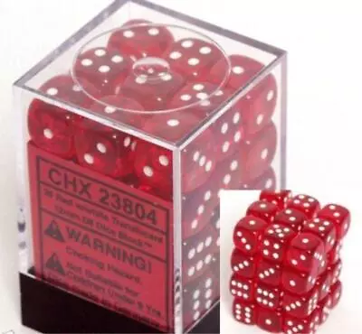 Chessex Dice D6 Sets Red W/ White Translucent 36 12mm Six Sided Die CHX 23804 • $9.84