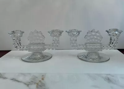 $35 • Buy 2 Vintage Fostoria American Crystal Glass 2-Arm Candelabra Candlestick Holders