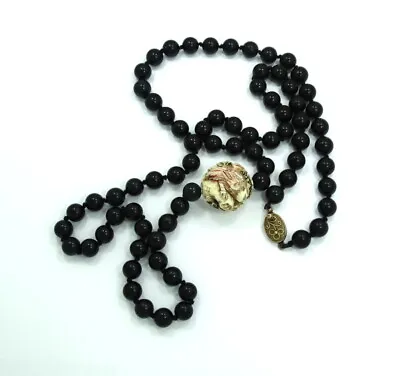 £263 • Buy Rare Vintage Chinese 24 Mm Carved Cow Bone Bird Bead Black Onyx Strand Necklace
