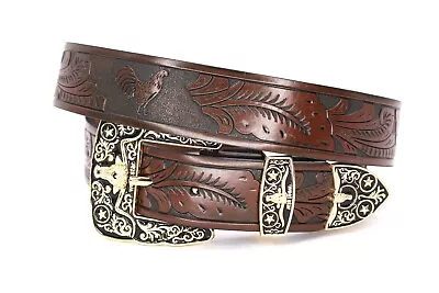 Western Belt Leather Gold Longhorn Bull Rooster Coffee Belt For Pants Size 42 • $39.99