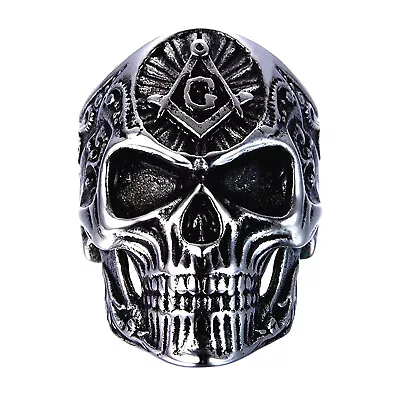 Seven Seas Pirate Mason Skull Steel Black Enameled Silver Ring US 8 To 13 • $18.57