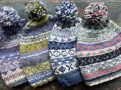 BNWT Pachamama Lambswool Bobble Hat Beanie Hand Knit Fairisle Fair Trade • £14