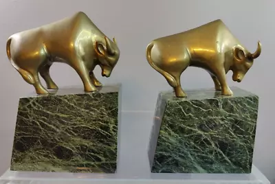 Vintage Set Of 2 Brass Bull & Marble Base Bookends Wall Street Stock Market • $49.99