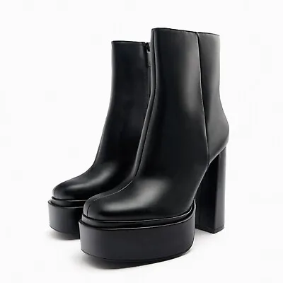 ZARA | NWT! Black Mega Platform Chunky Heel Faux Leather Ankle Boots Size 10 • $30