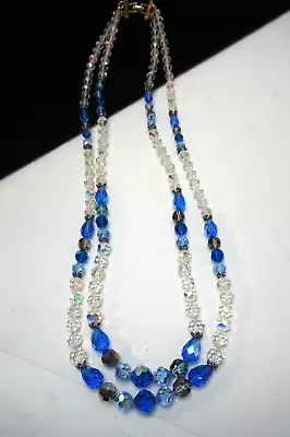 VINTAGE SIGNED VENDOME NECKLACE BLUE CRYSTAL FACETED BEADS AB JEWELRY 21in • $39.99