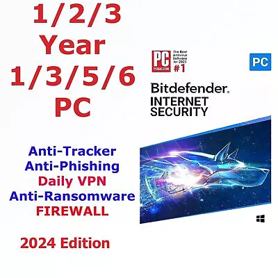 Bitdefender Internet Security 2024 - 1-6 Devices 1-2-3 Years + Daily VPN • $139.99