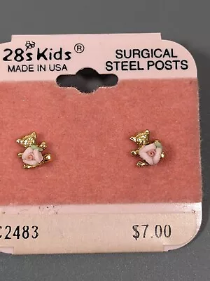 Vintage 1928 Pink Porcelain Rose Teddy Bear Gold Tone Pierced Earrings • $9.09