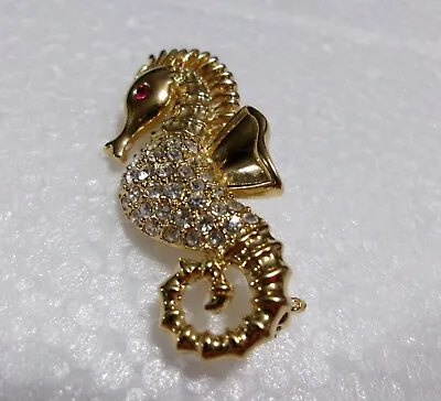 Vintage Seahorse Rhinestone Pin Gold Tone SEAHORSE BROOCH Brilliant Rhinestones  • $21.95