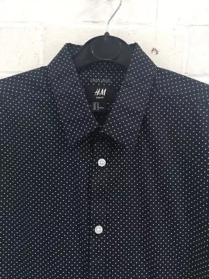 H&M Dark Navy Polka Dot Design Long Sleeve Slim Fit Shirt Size Medium #CE • £3.25