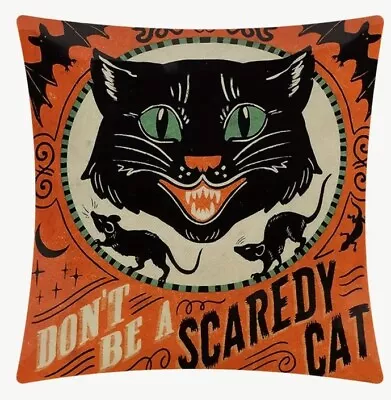 Black Cat Vintage Spooky Fun Halloween Linen Throw Pillow Cover Home Decor 18” • $15.95