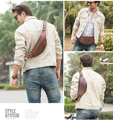 US Stock 4 Colors Men's Genuine Leather Fanny Pack Chest Bag Crossbody Waist Bag • $36.99