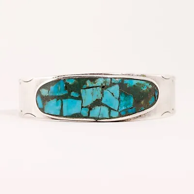 £76.47 • Buy Native American Cmr Sterling Blue Turquoise Chip Inlay Stamped Cuff Bracelet 7 