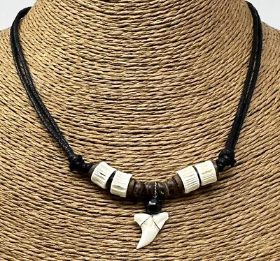 Real Mako Shark Tooth Pendant Surfer Necklace For Men | Wood Beads • $15.95