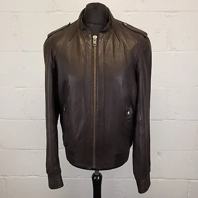 All Saints Biker Leather Jacket Mens Large Slim Brown Vintage Bomber Genuine • £85